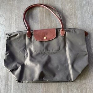 Longchamp Olive Green / Brown Leather Le Pliage Large Tote - 19" × 12" × 71/2"